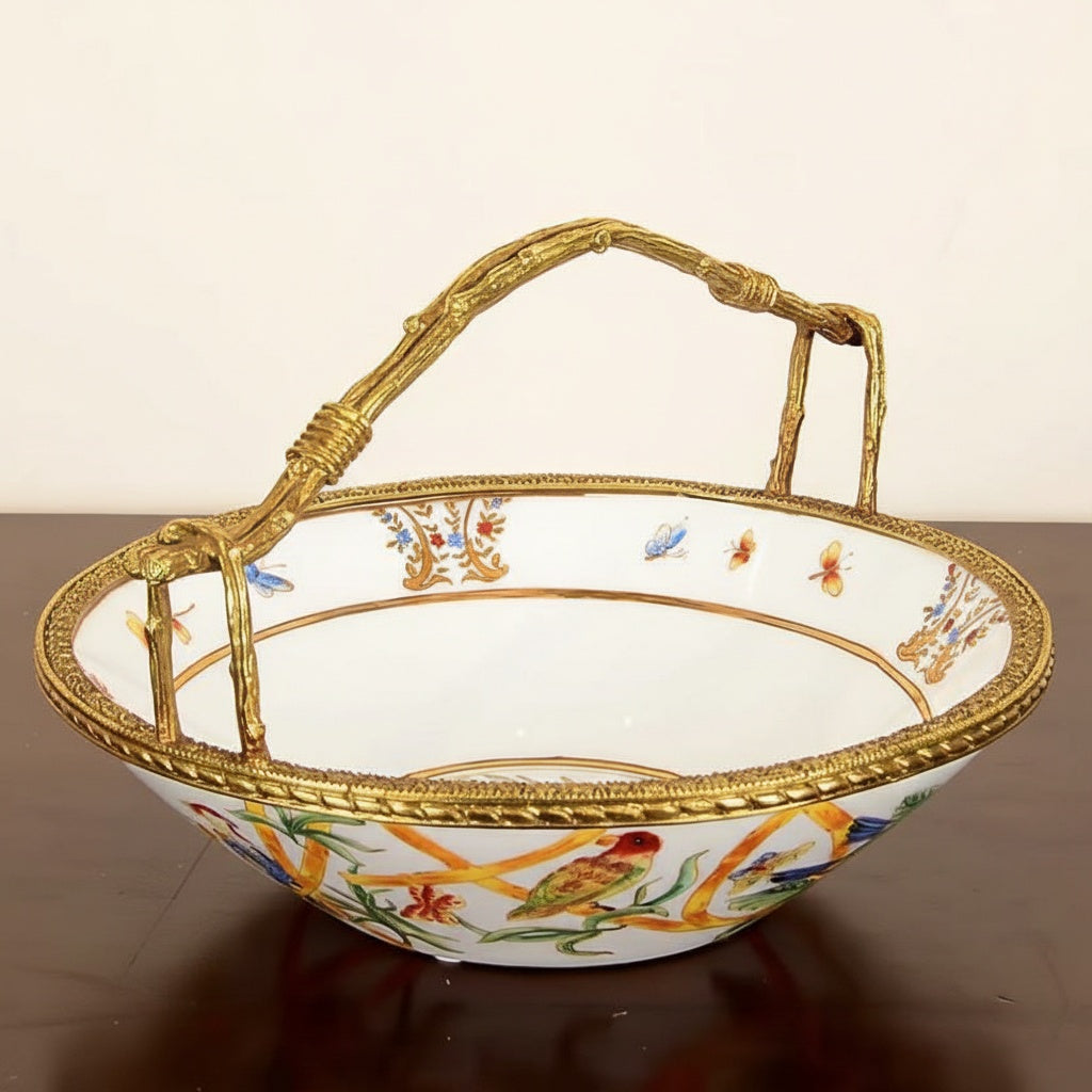 Angled view of hand-painted bird and butterfly details