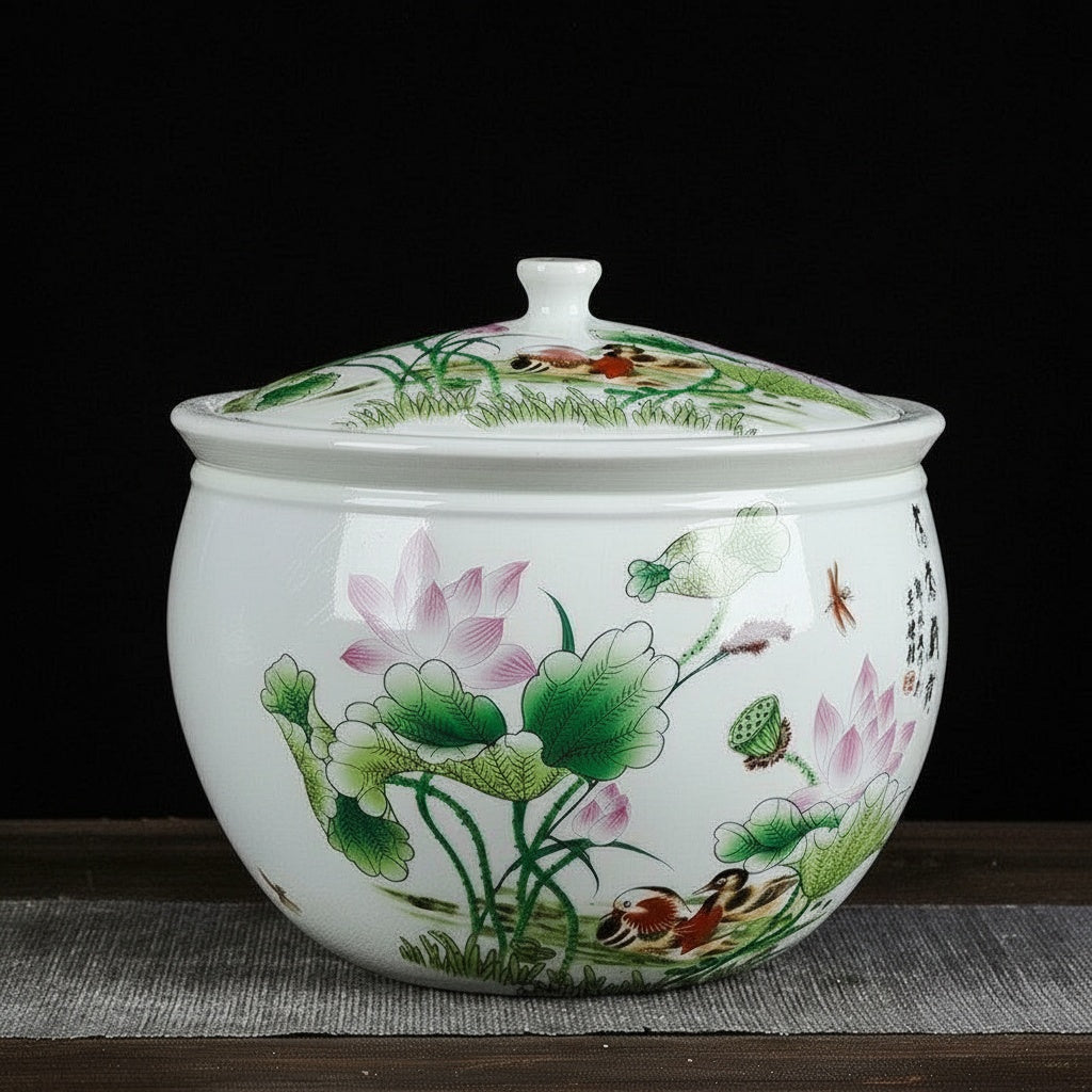 Porcelain Painted Lotus Lidded Jar