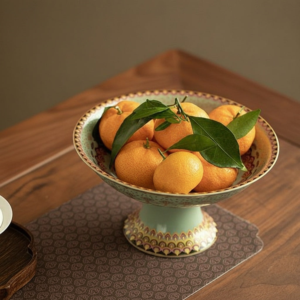 Porcelain pedestal fruit bowl filled with fresh oranges