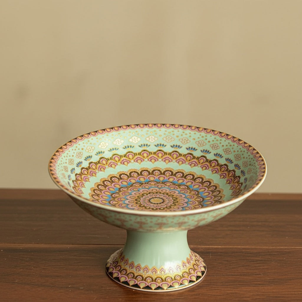 Empty porcelain pedestal fruit bowl showing intricate patterns