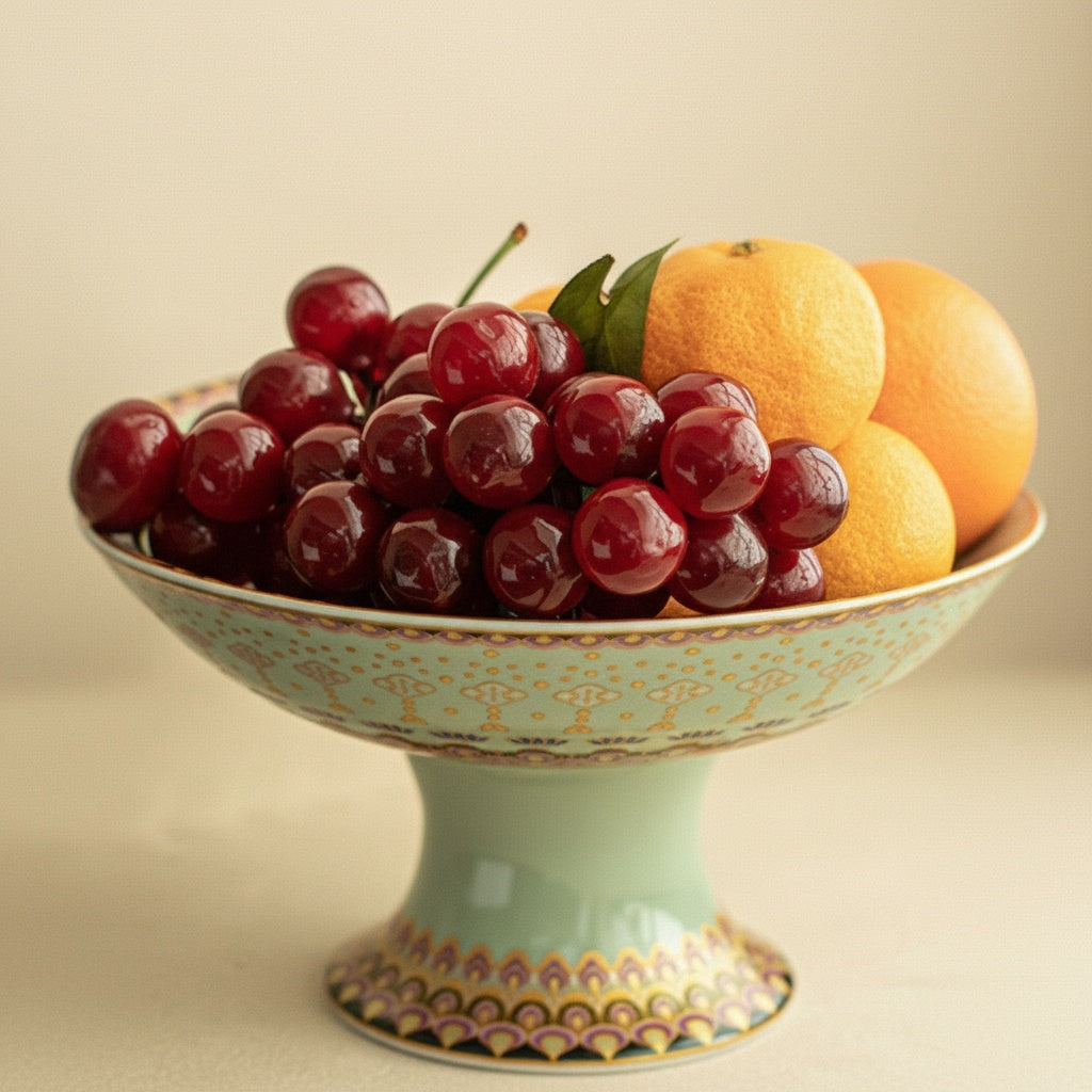 Close up of porcelain pedestal fruit bowl holding fresh cherries