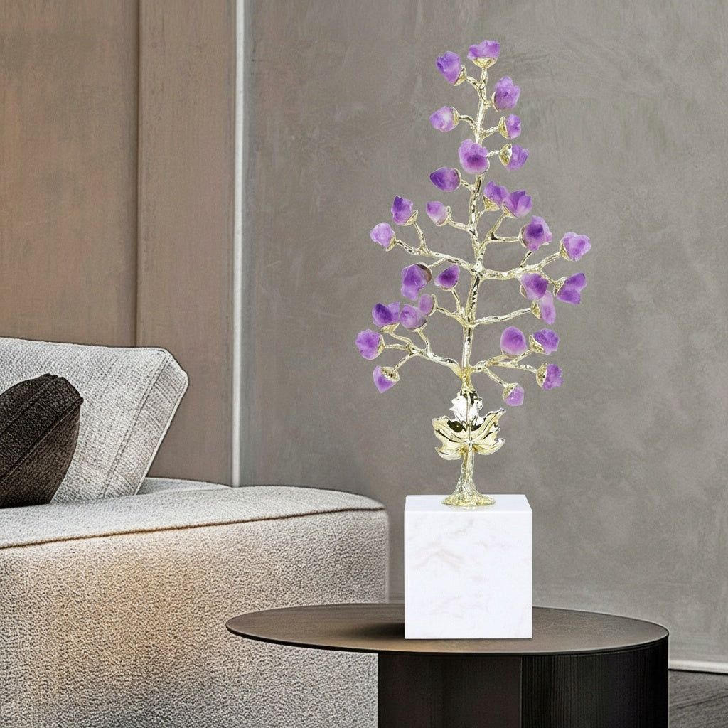 Amethyst And Gold Metal Tree Sculpture