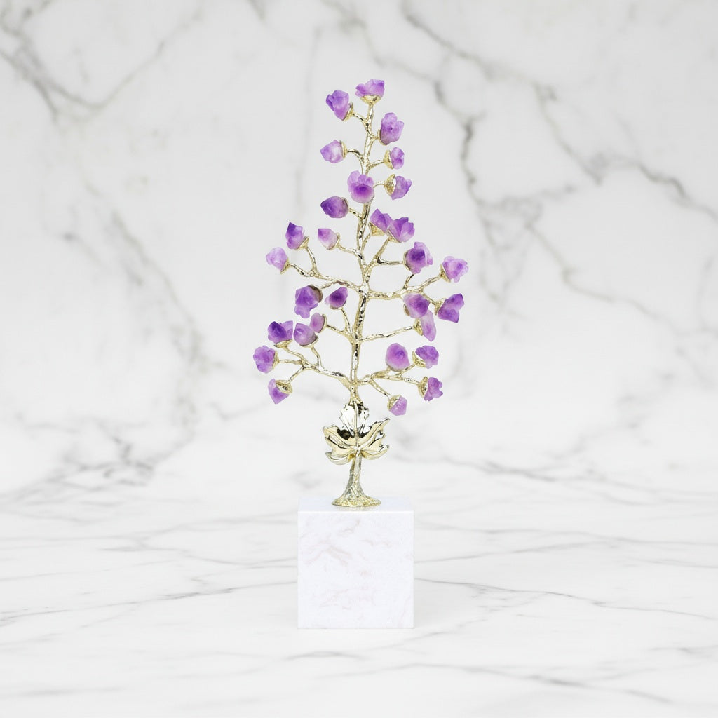 Amethyst And Gold Metal Tree Sculpture