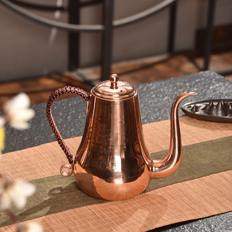 Smooth copper gooseneck tea kettle with woven handle