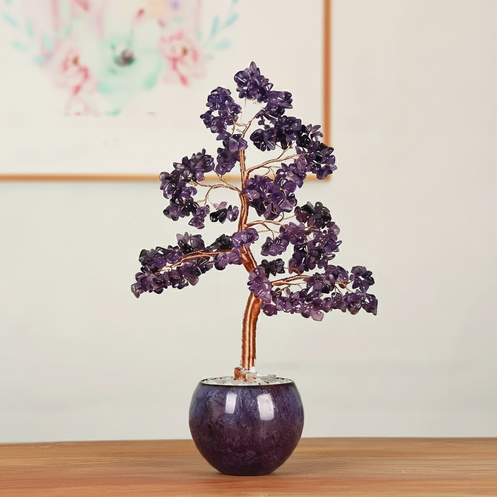 Purple Crystal And Copper Wire Bonsai Tree Sculpture