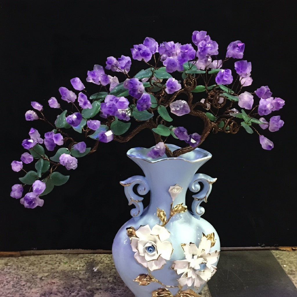 Purple Crystal Gemstone Tree & Floral Ceramic Vase
