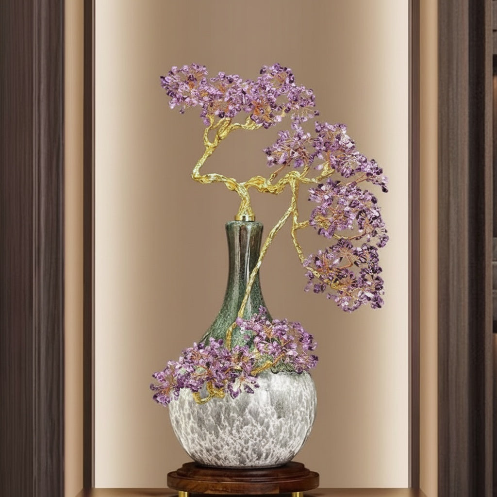 Purple Crystal & Gold-Tone Bonsai Tree Sculpture