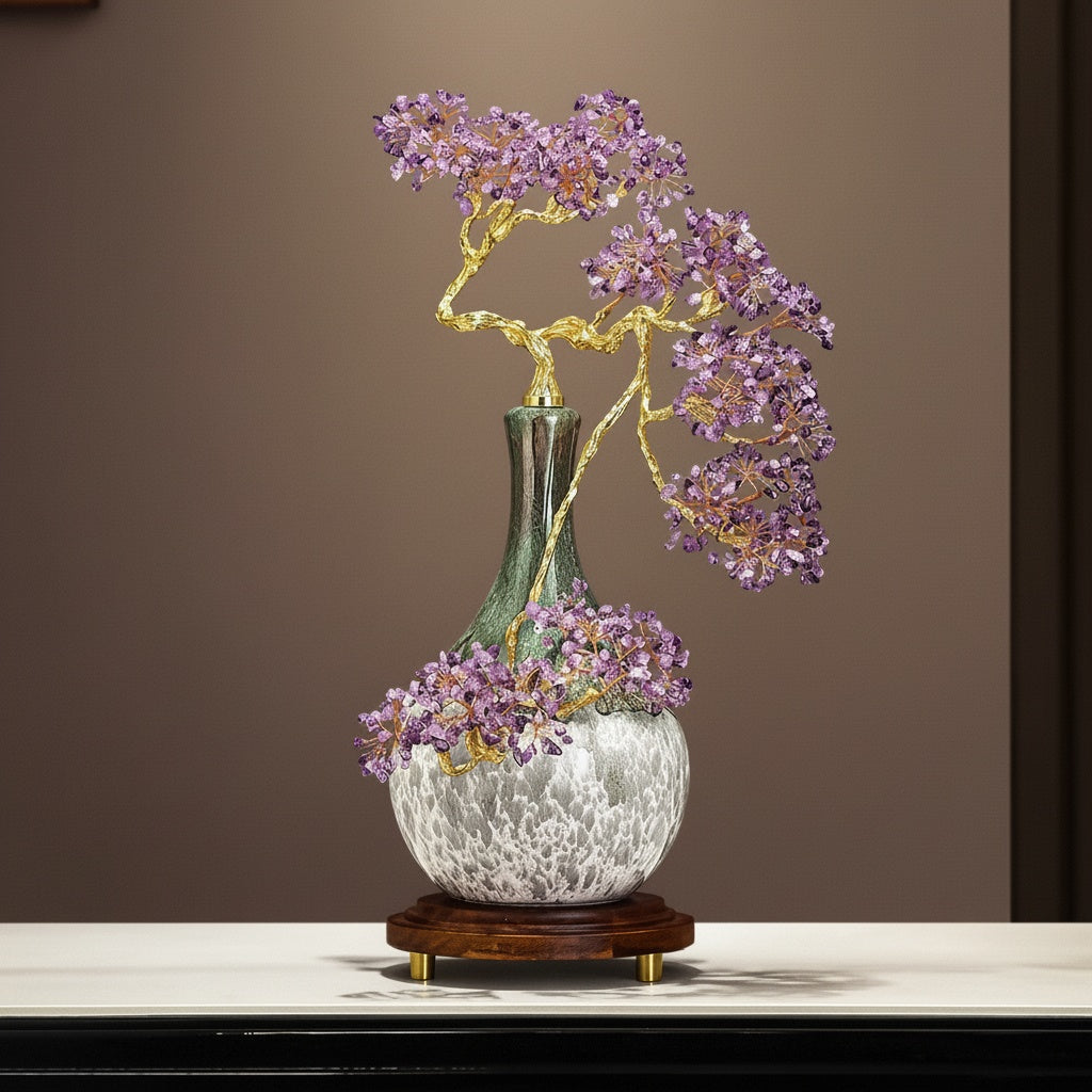 Purple Crystal & Gold-Tone Bonsai Tree Sculpture