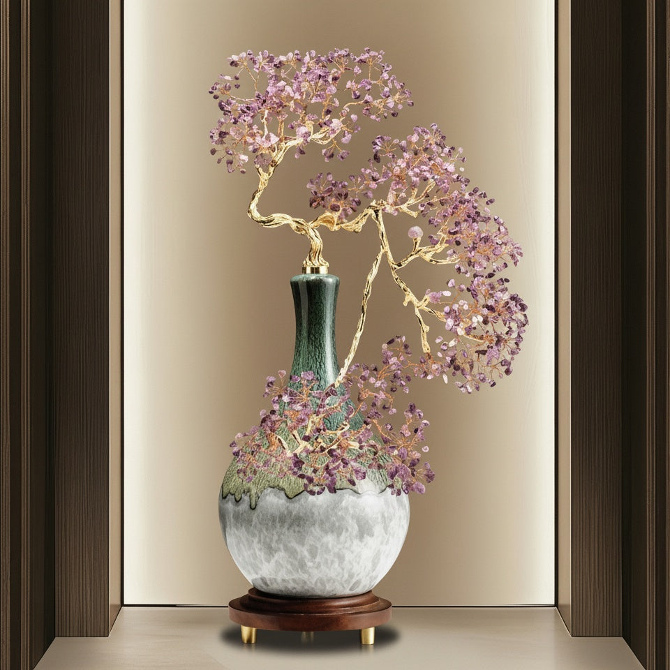 Purple Crystal & Gold-Tone Bonsai Tree Sculpture