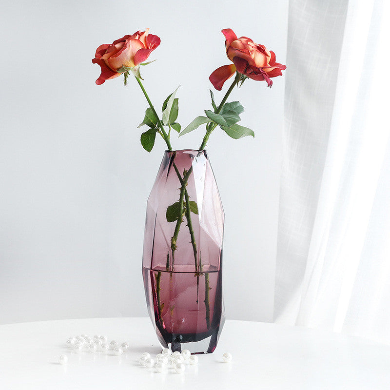 Purple glass geometric faceted vase with roses