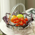Purple and clear glazed glass basket with fruit