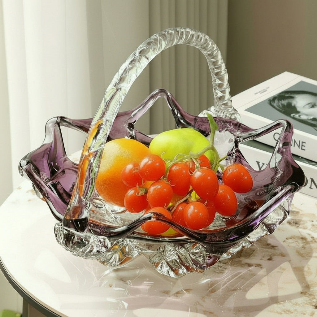 Purple and clear glazed glass basket with fruit