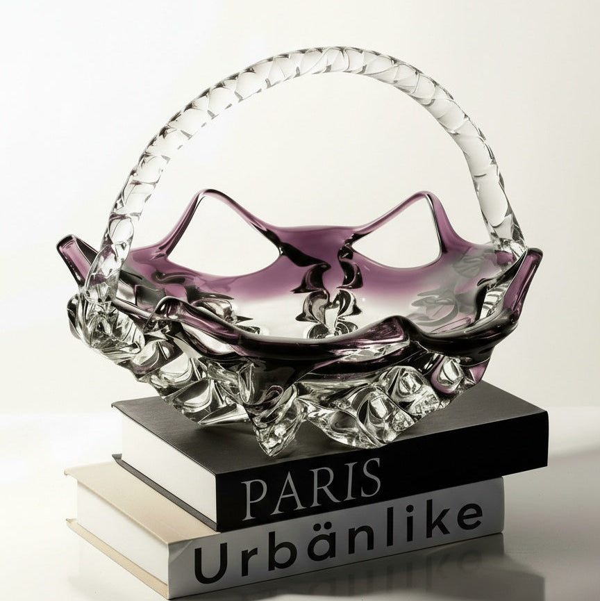 Side view of purple sculpted glass basket