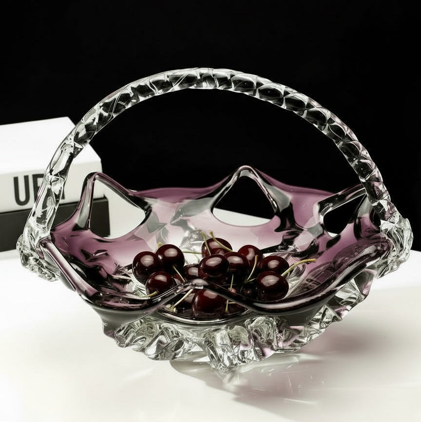 Empty purple and clear glass woven style basket