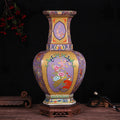 Front view of purple and gold hexagonal porcelain vase with floral motifs