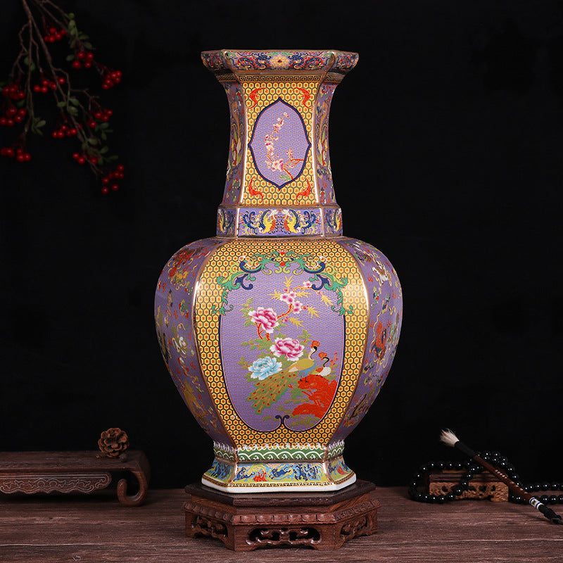 Front view of purple and gold hexagonal porcelain vase with floral motifs