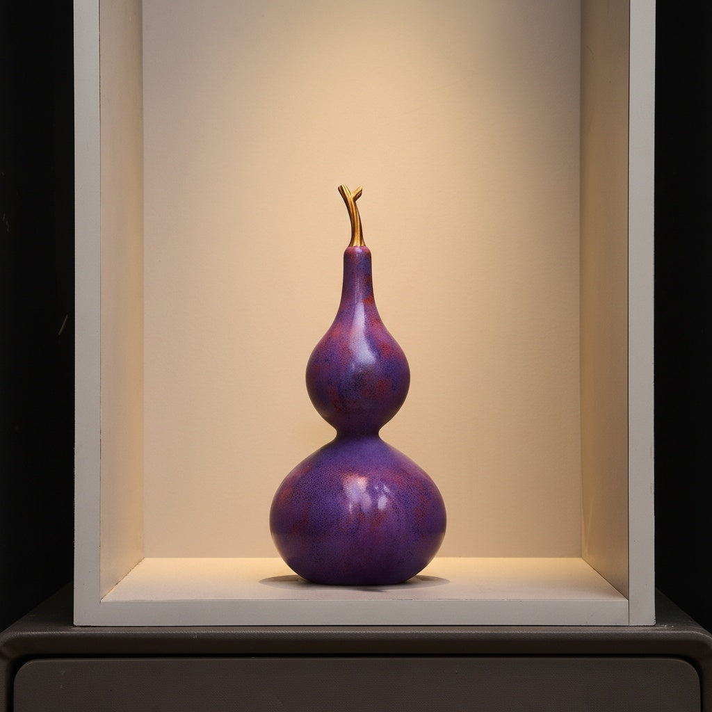 Purple resin gourd sculpture with gold stem on shelf