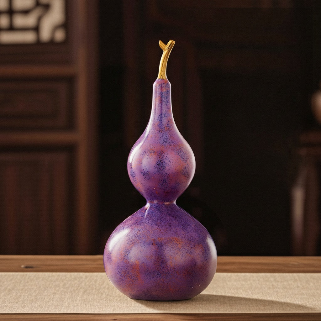 Purple gourd sculpture on table with tea set