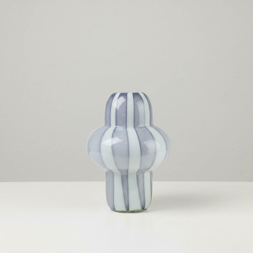 Tall purple and white striped glass vase front view
