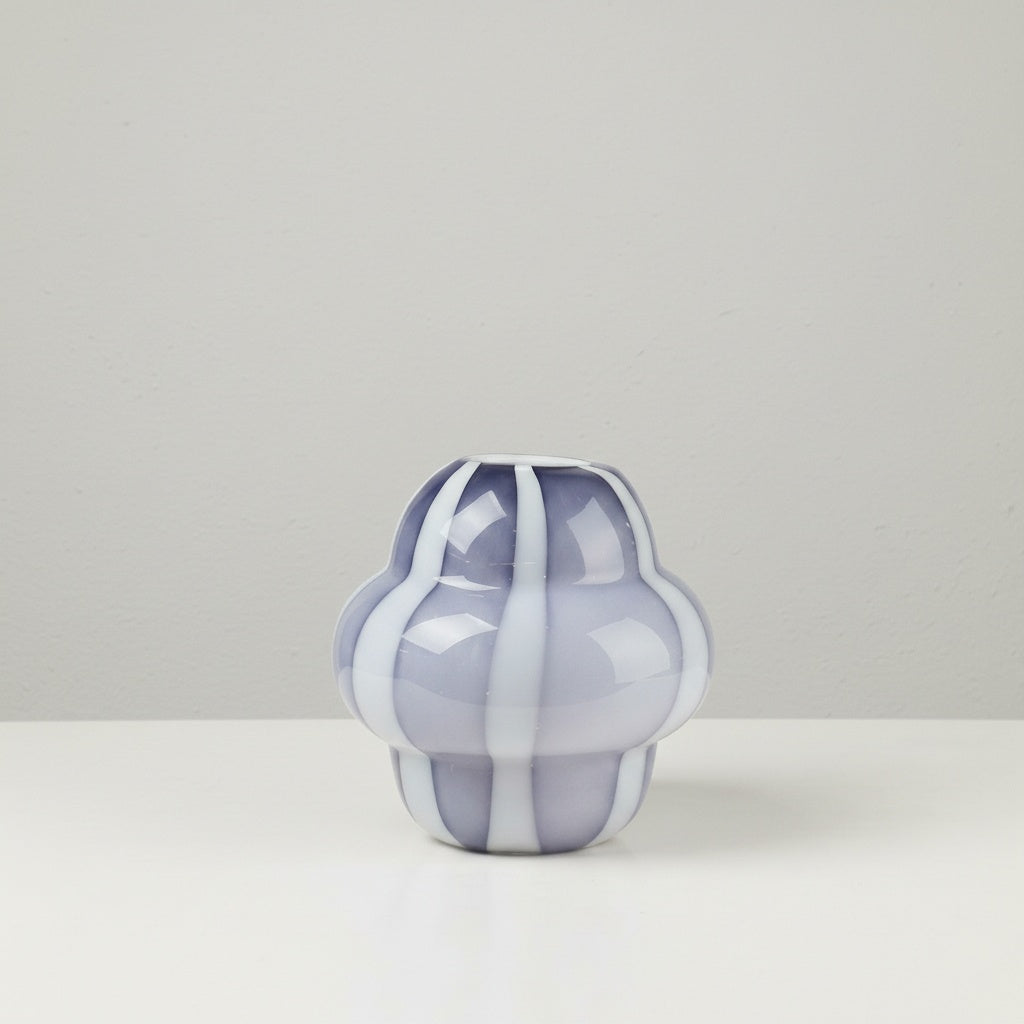 Short purple and white striped glass vase front view