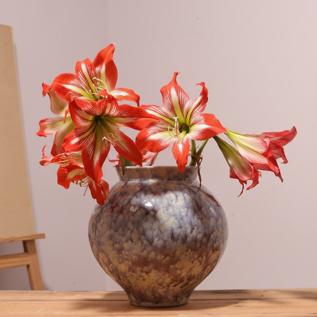 Purple reactive glaze ceramic vase with red flowers