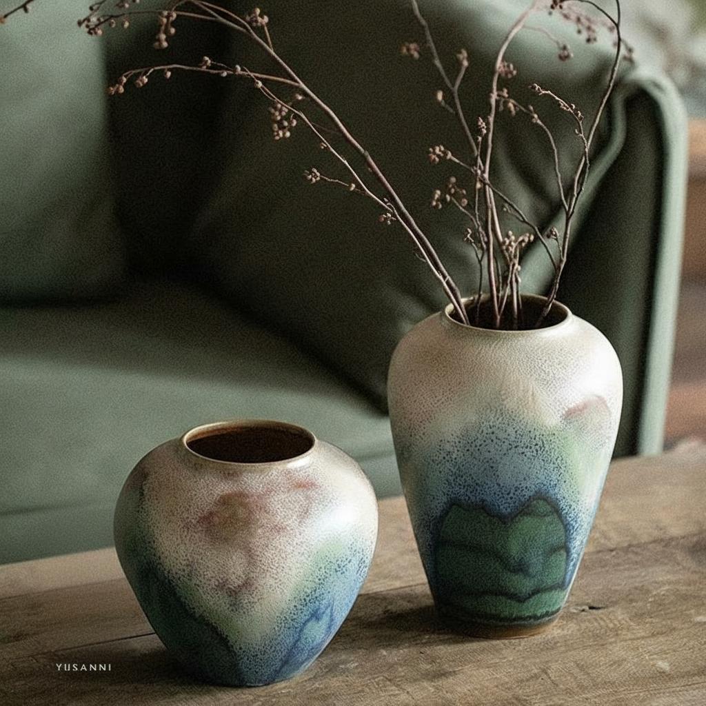 Pair of earth tone ceramic vases with dry branches on wooden table