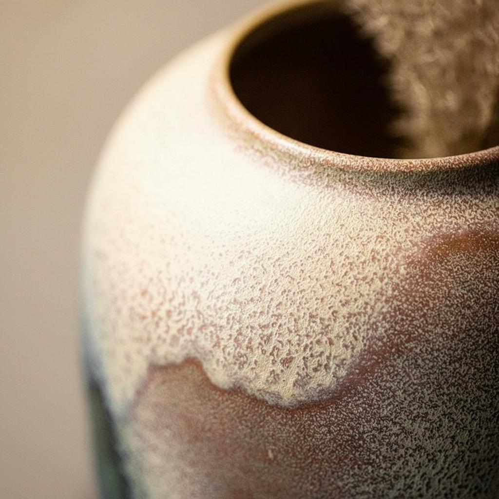 Detail shot of ceramic vase rim and speckled glaze texture
