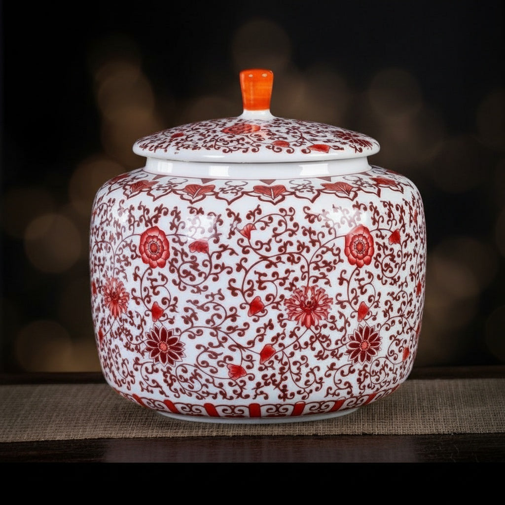 Red and white floral porcelain storage jar with lid