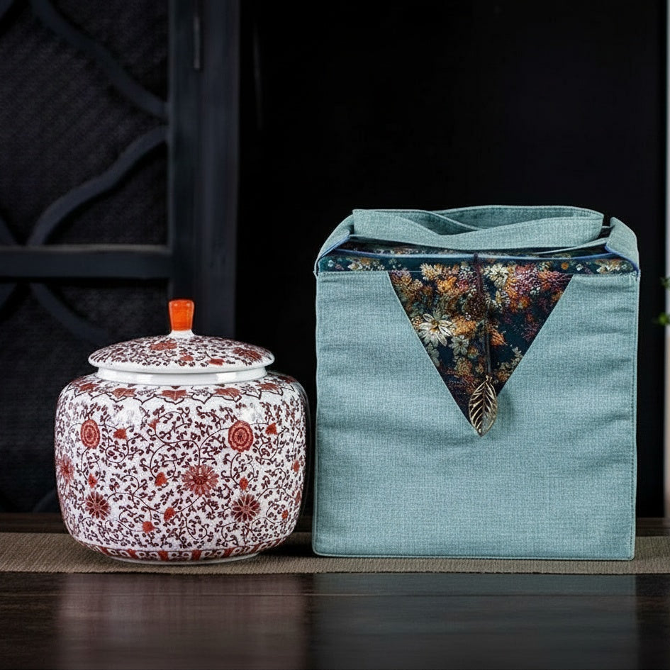 Red and white floral porcelain storage jar next to a blue fabric carrying case
