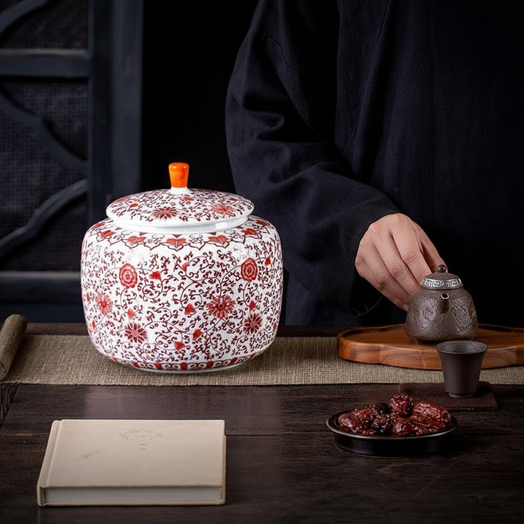 Red and white floral porcelain storage jar on a wooden table with tea accessories