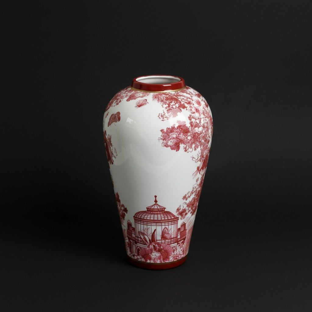 Red and white porcelain baluster vase with botanical motif