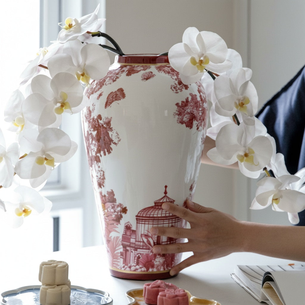 Red and white porcelain baluster vase styled with white orchids