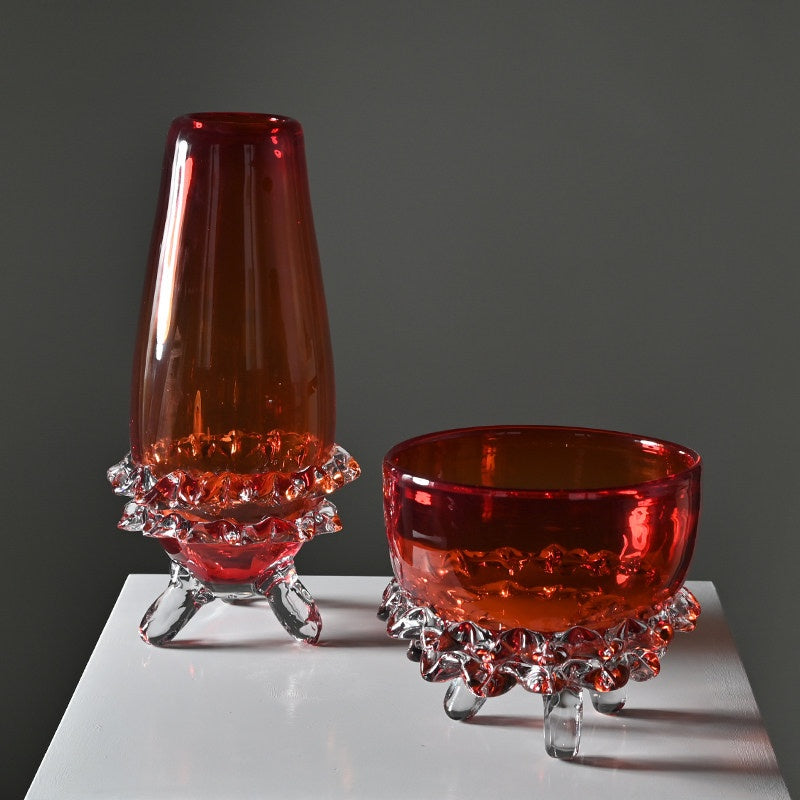 Red art glass vase and bowl set with ruffled clear base