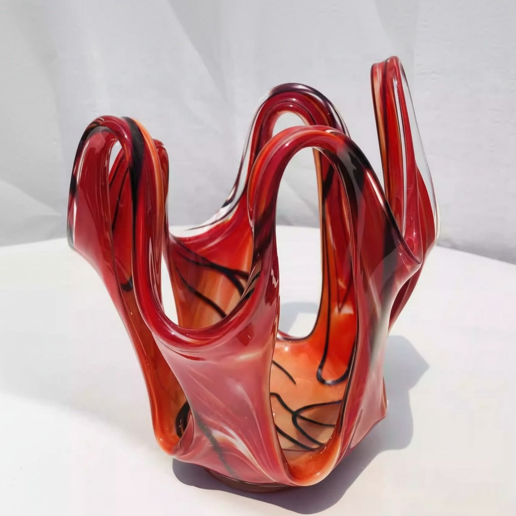 Red and black swirl art glass bowl front view