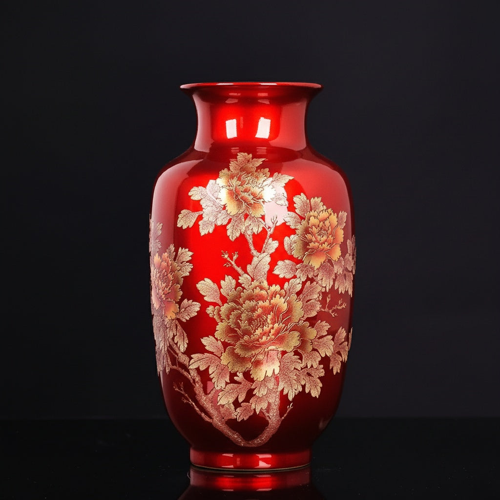 Red Ceramic Floral Pattern Vase