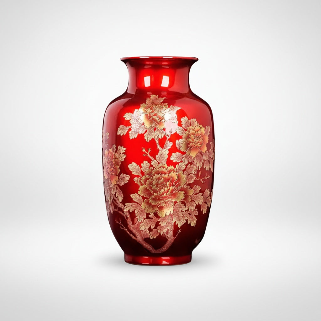 Red Ceramic Floral Pattern Vase