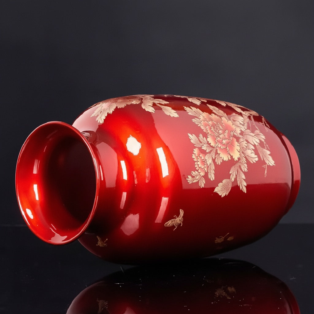 Red Ceramic Floral Pattern Vase