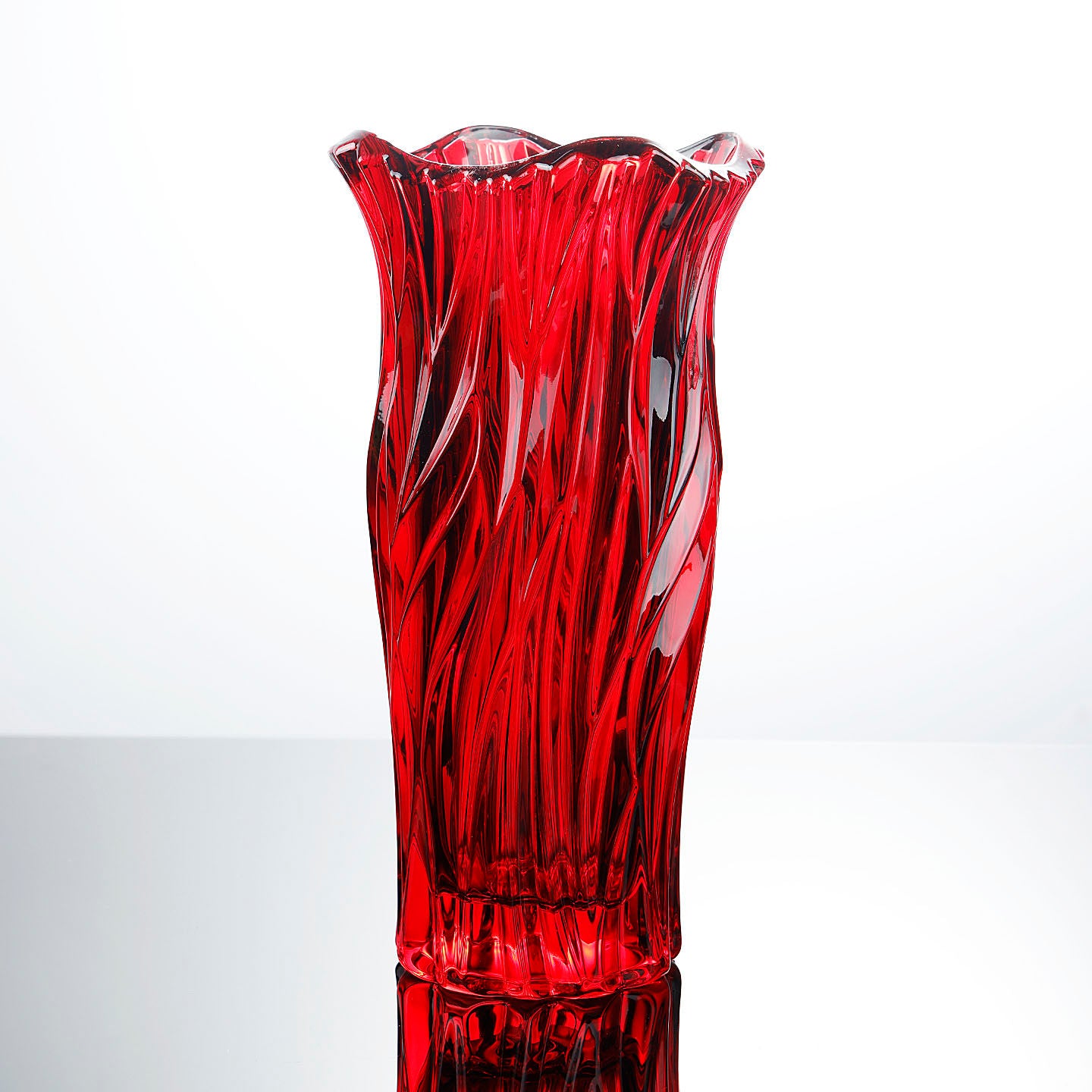 Front view of red crystal wave vase