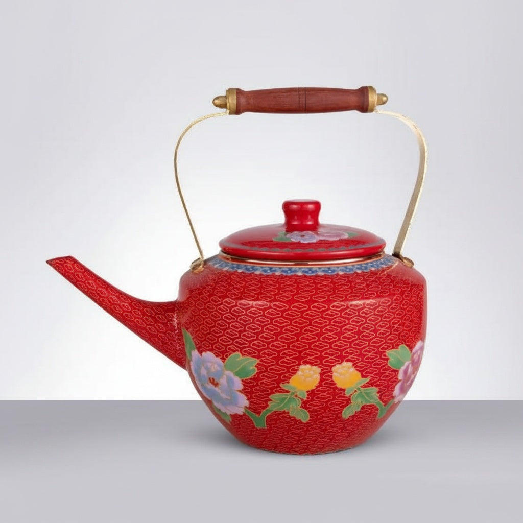 Red Enamel Floral Round Teapot