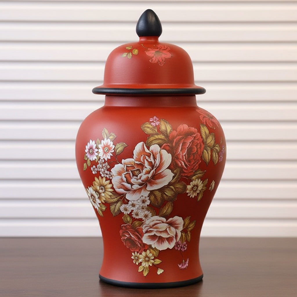 Red painted floral ceramic lidded decorative jar