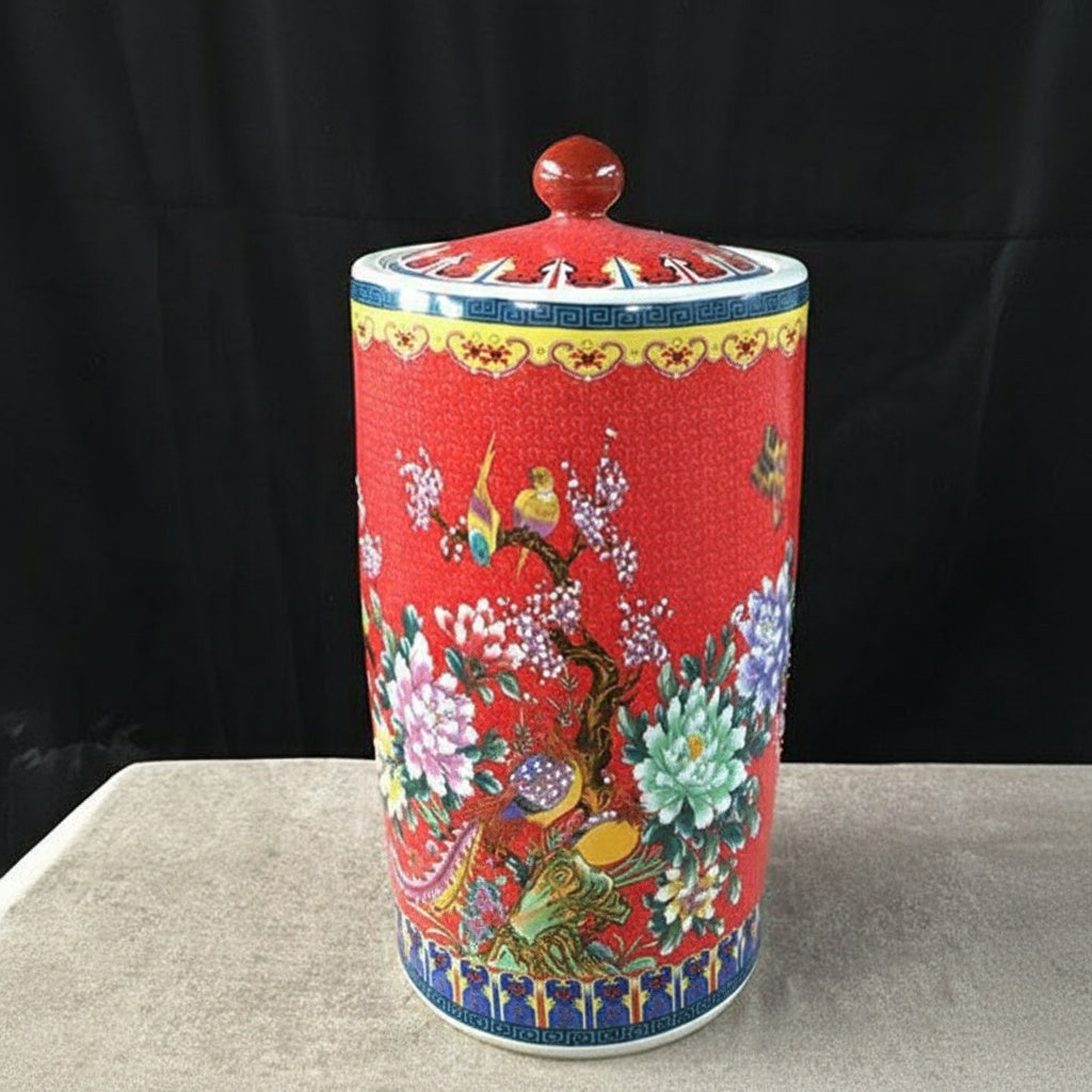 Red Floral Porcelain Lidded Jar