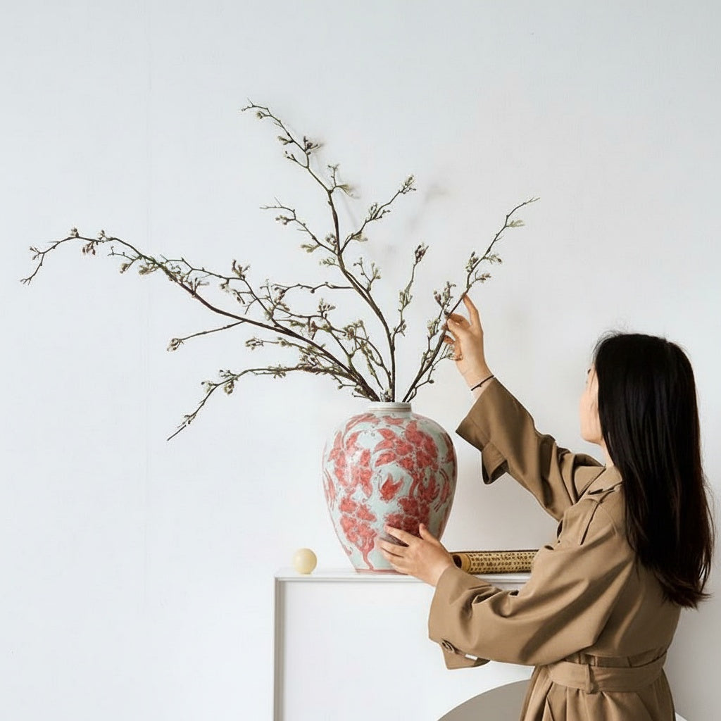 Woman styling branches in red floral porcelain vase