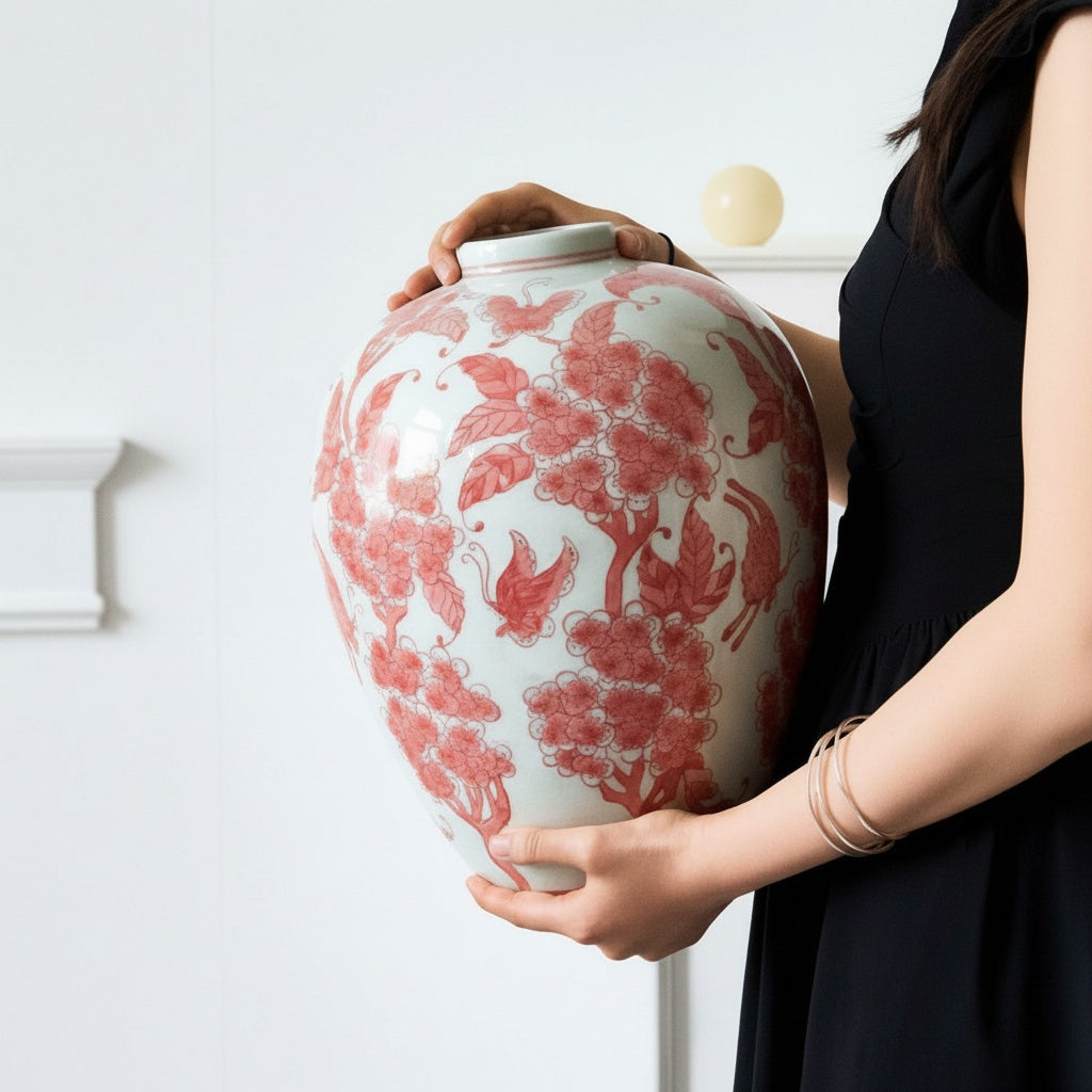 Woman holding red floral porcelain vase