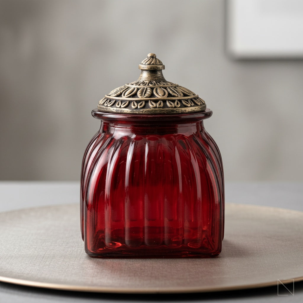 Red glass fluted decorative jar with dark metallic lid