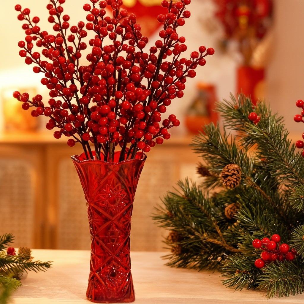 Red glass trumpet vase with floral arrangement