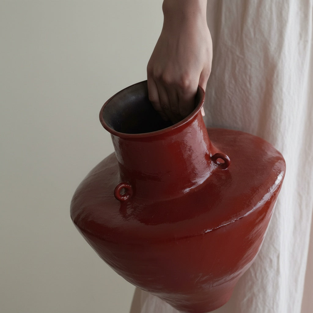 Red glazed ceramic amphora vase being held