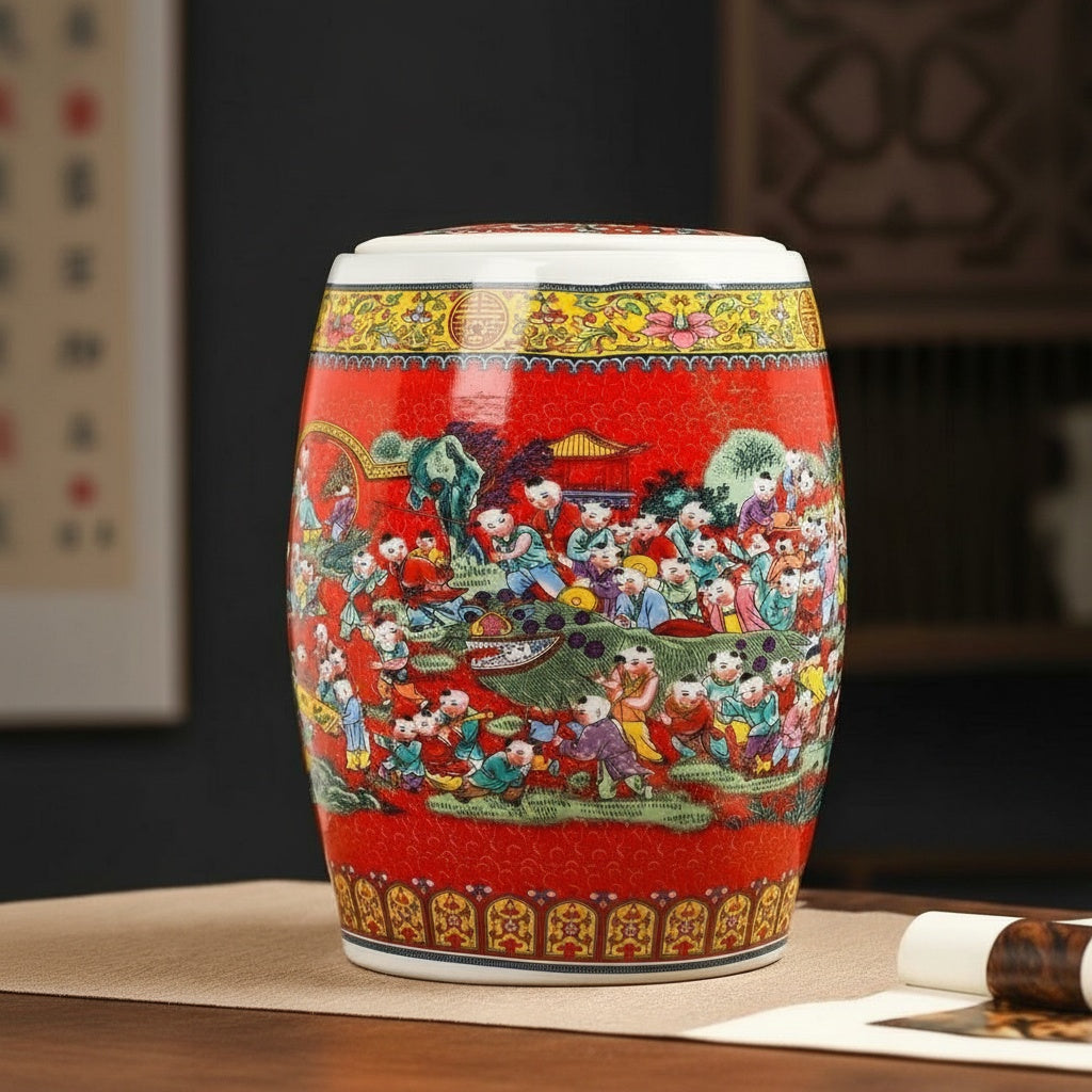 Red Glazed Ceramic Barrel Stool