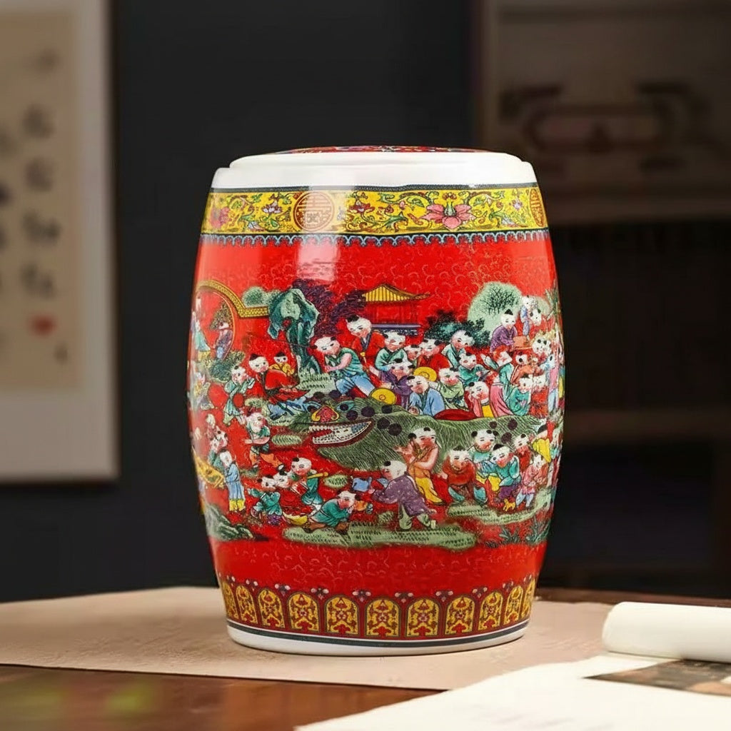 Red Glazed Ceramic Barrel Stool