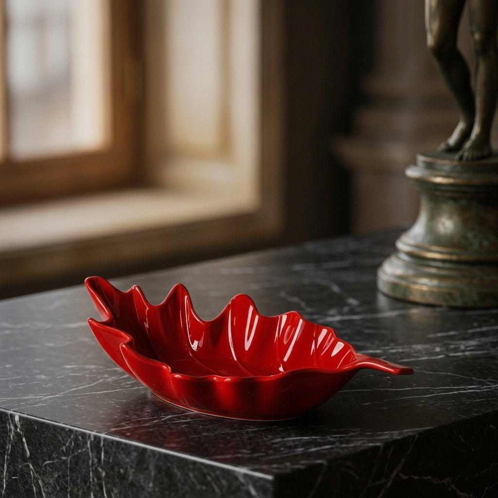 Empty red glazed ceramic leaf shaped bowl resting on a dark marble table