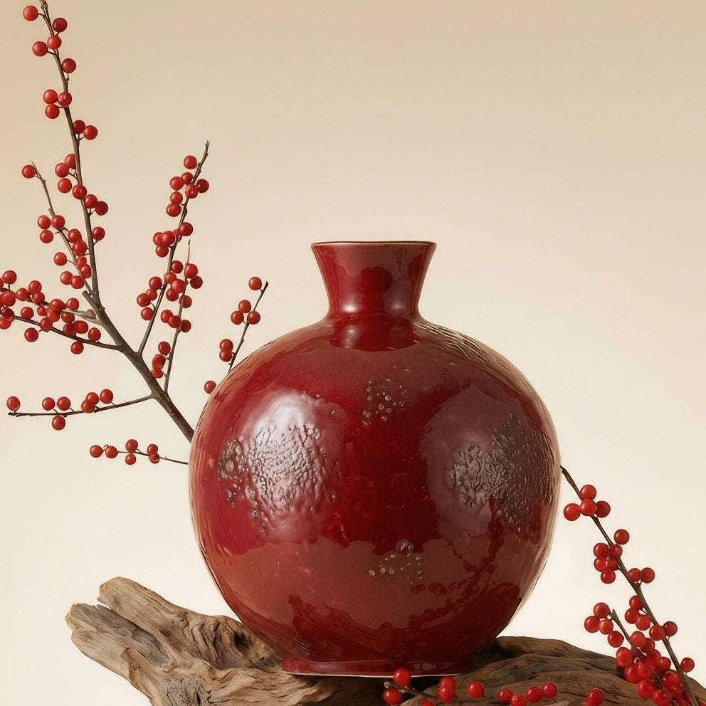 Red glazed ceramic pomegranate vase front view with branches